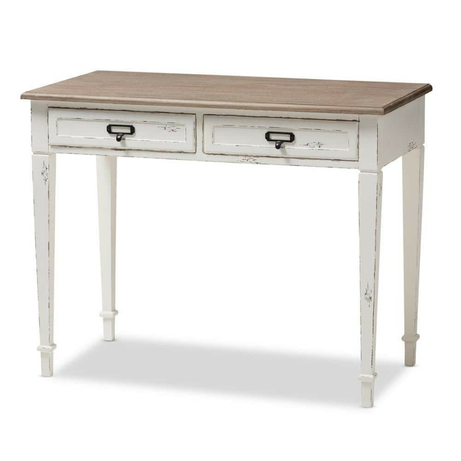 Bar Furniture * | 39.5 In. White/Light Brown Rectangular 2 -Drawer Writing Desk With Distressed Finish By Baxton Studio