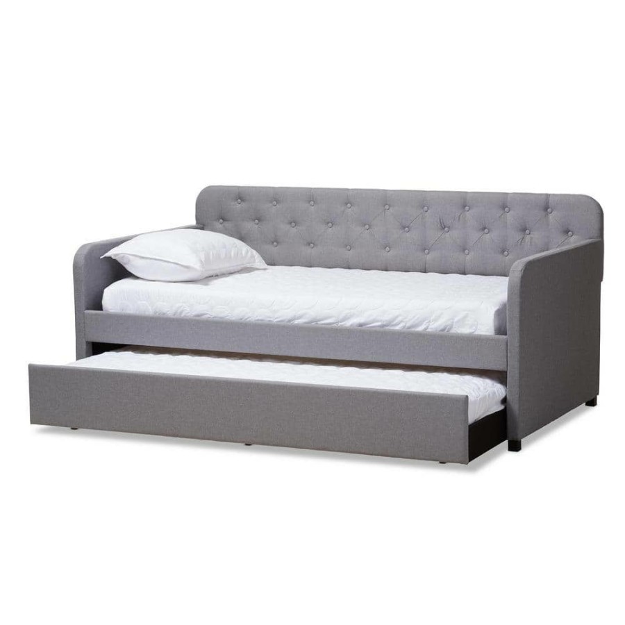 Bedroom Furniture * | Camelia Light Gray Twin Daybed With Trundle By Baxton Studio