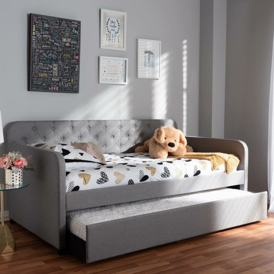 Bedroom Furniture * | Camelia Light Gray Twin Daybed With Trundle By Baxton Studio