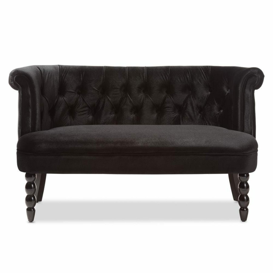 Living Room Furniture * | Flax 47.2 In. Black Polyester 2-Seater Armless Loveseat With Turned Wood Legs By Baxton Studio