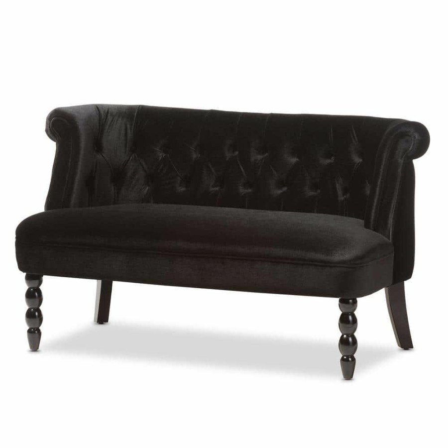 Living Room Furniture * | Flax 47.2 In. Black Polyester 2-Seater Armless Loveseat With Turned Wood Legs By Baxton Studio