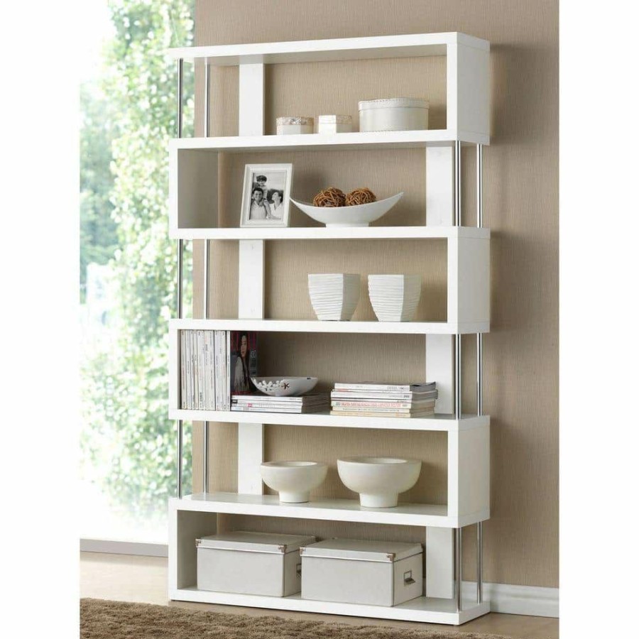 Bar Furniture * | 75.5 In. White Wood 6-Shelf Accent Bookcase With Open Back By Baxton Studio