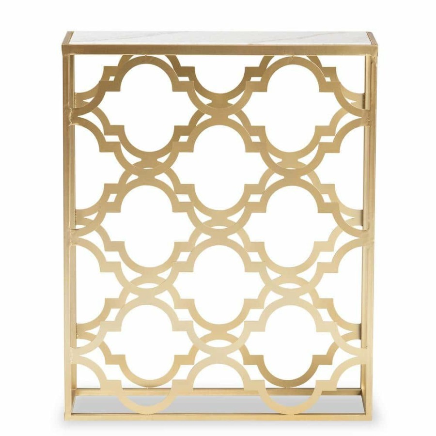 Entryway Furniture * | Calanthe 24 In. Marble White And Gold Rectangle Marble Console Table By Baxton Studio