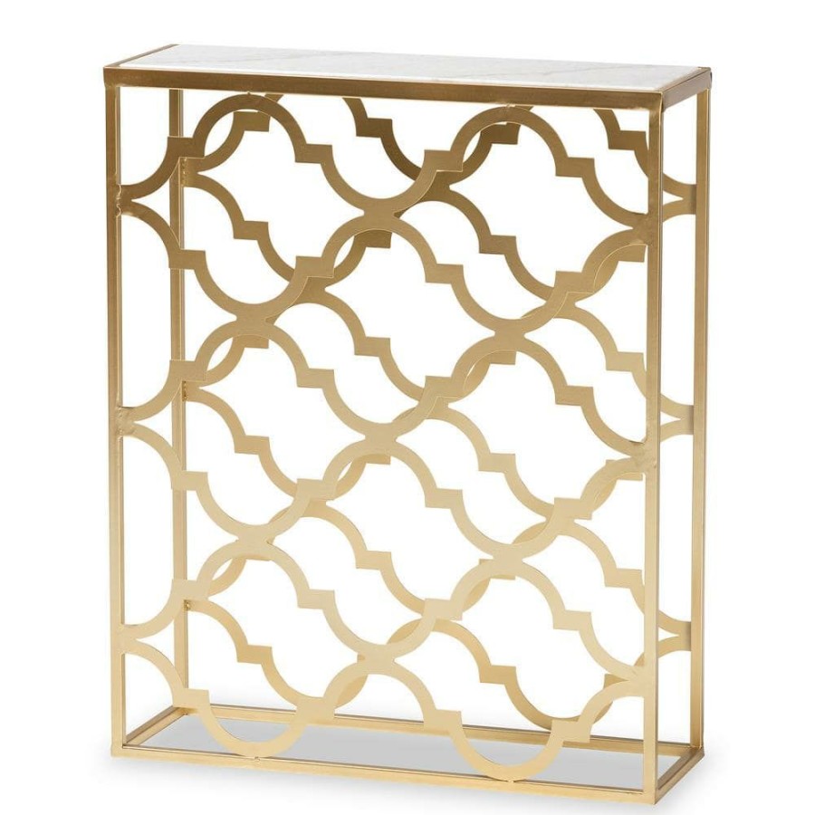 Entryway Furniture * | Calanthe 24 In. Marble White And Gold Rectangle Marble Console Table By Baxton Studio