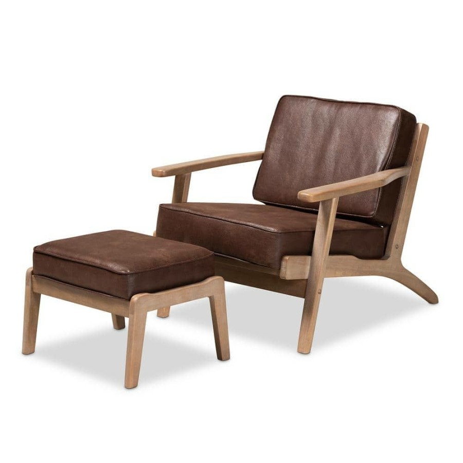 Living Room Furniture * | Sigrid Dark Brown Upholstered Wood Armchair And Ottoman Set 2-Piece By Baxton Studio