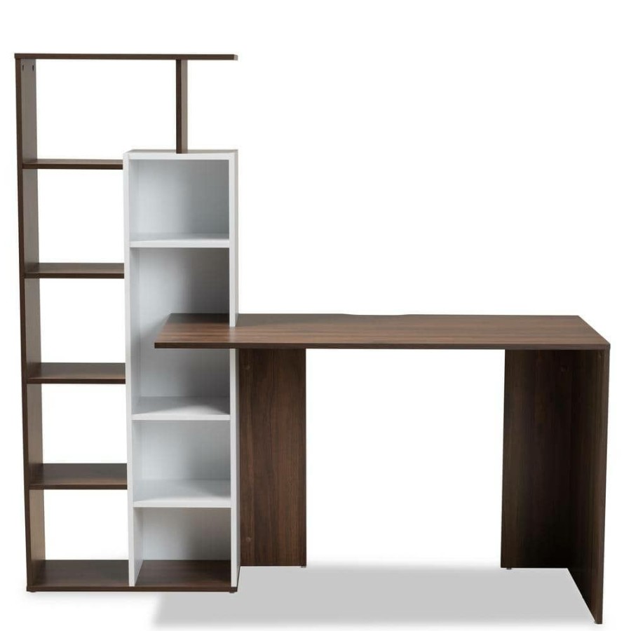 Bar Furniture * | Rowan 63 In. White And Walnut Brown Computer Desk By Baxton Studio