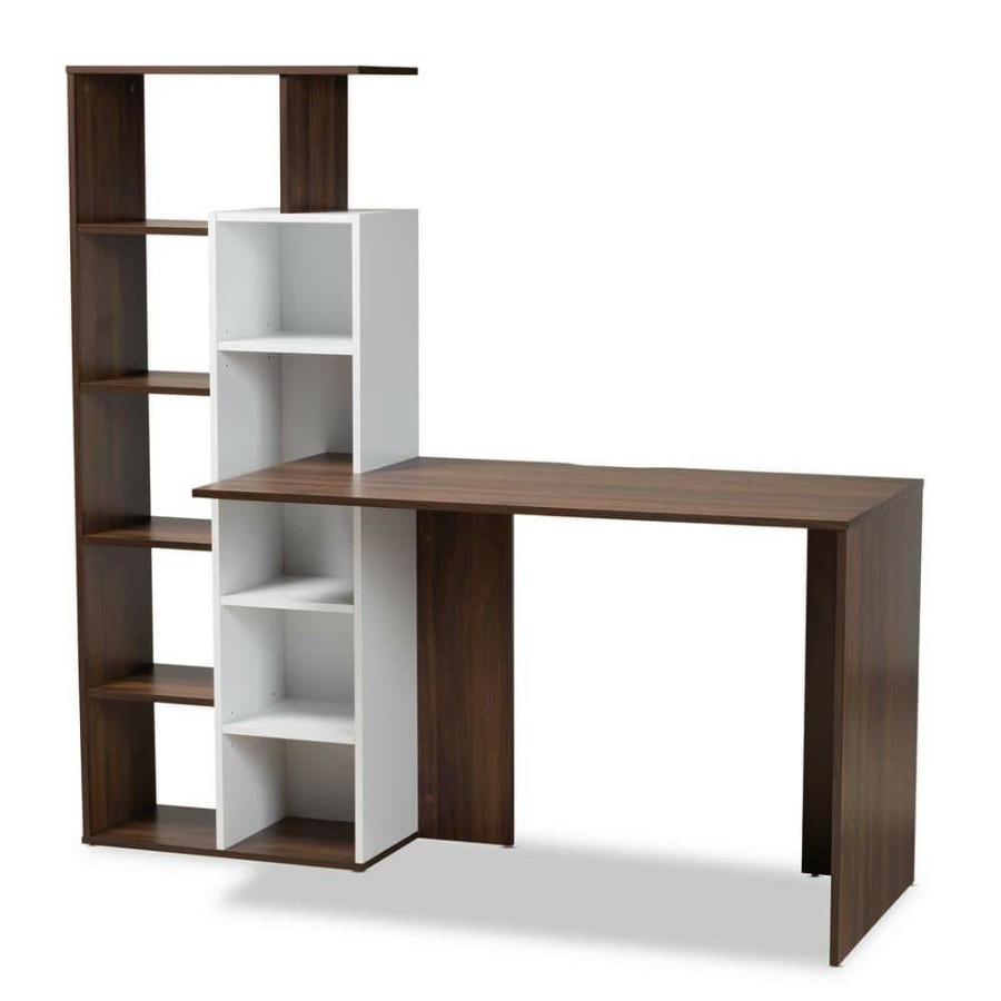 Bar Furniture * | Rowan 63 In. White And Walnut Brown Computer Desk By Baxton Studio