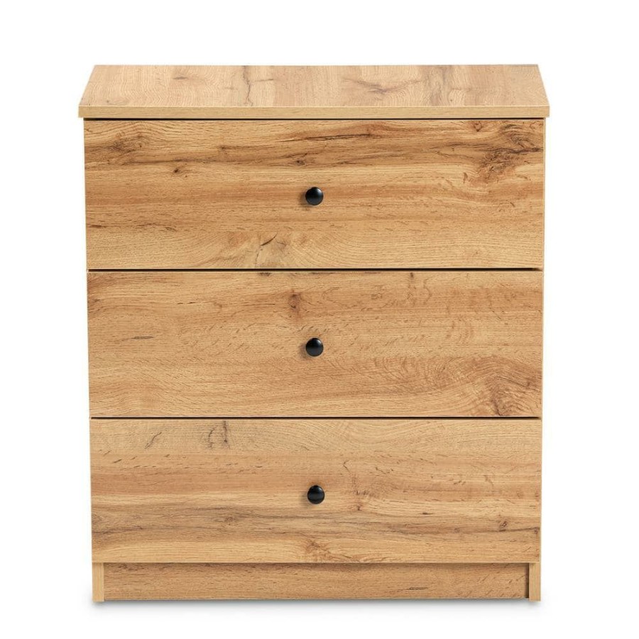 Bedroom Furniture * | Decon 3-Drawer Oak Brown Chest Of Drawers 25.6 In. H X 23.6 In. W X 12.6 In. D By Baxton Studio