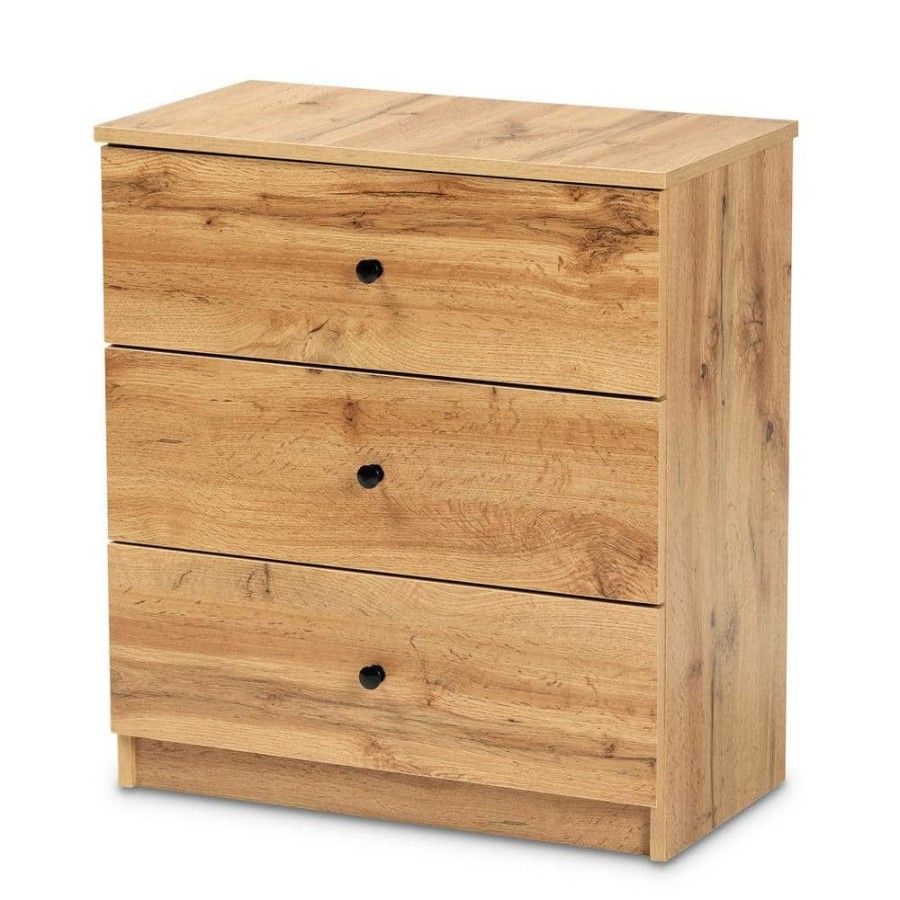 Bedroom Furniture * | Decon 3-Drawer Oak Brown Chest Of Drawers 25.6 In. H X 23.6 In. W X 12.6 In. D By Baxton Studio