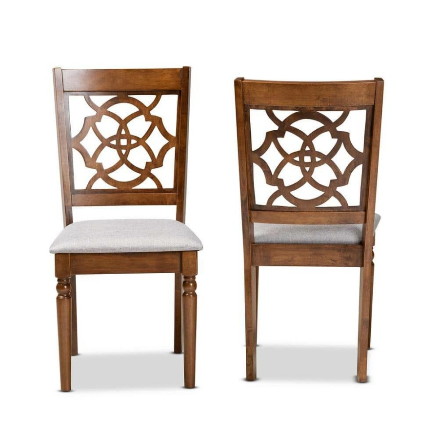 Living Room Furniture * | Renaud Grey And Walnut Brown Upholstered Dining Chair (Set Of 2) By Baxton Studio