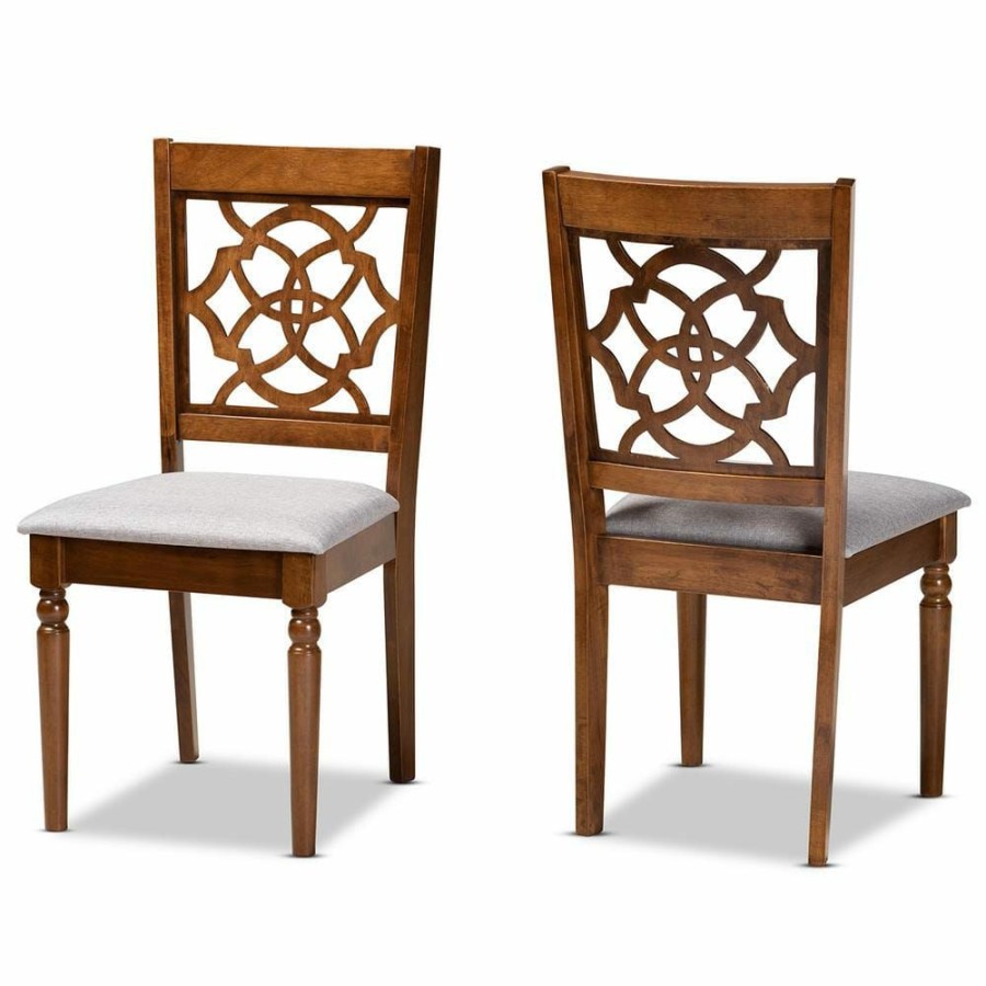 Living Room Furniture * | Renaud Grey And Walnut Brown Upholstered Dining Chair (Set Of 2) By Baxton Studio