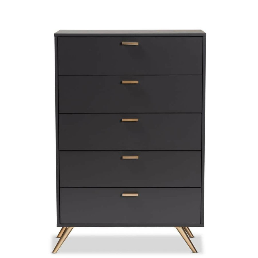 Bedroom Furniture * | Kelson 5-Drawer Dark Grey And Gold Chest Of Drawers (46.1 In. H X 32.5 In. W X 15.75 In. D) By Baxton Studio