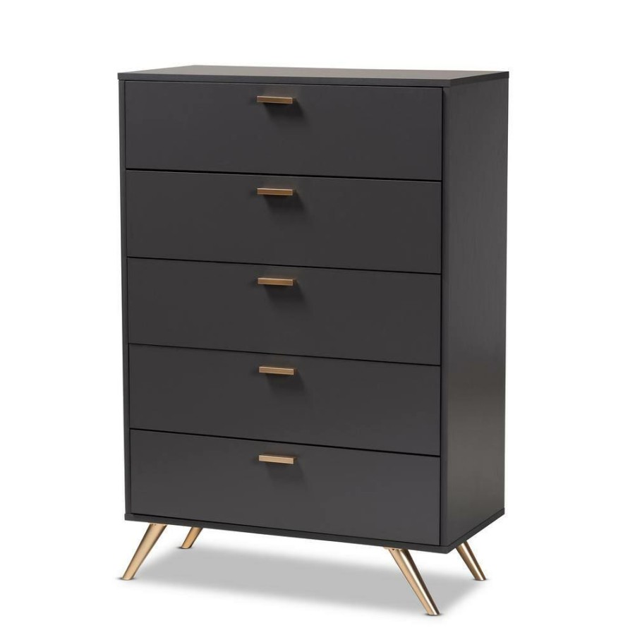 Bedroom Furniture * | Kelson 5-Drawer Dark Grey And Gold Chest Of Drawers (46.1 In. H X 32.5 In. W X 15.75 In. D) By Baxton Studio