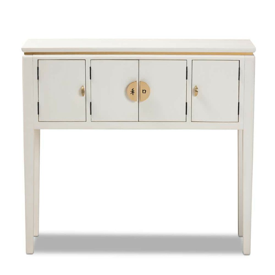 Living Room Furniture * | Aiko 38 In. White Standard Rectangle Wood Console Table With Cabinet By Baxton Studio