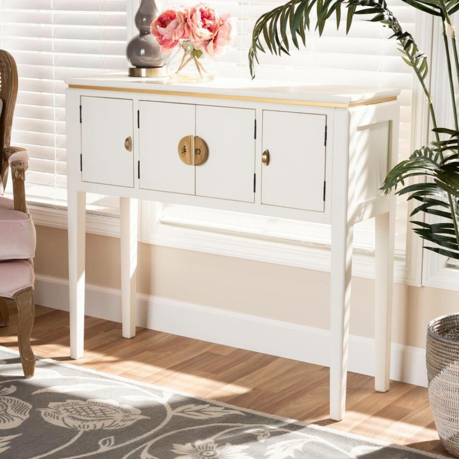 Living Room Furniture * | Aiko 38 In. White Standard Rectangle Wood Console Table With Cabinet By Baxton Studio