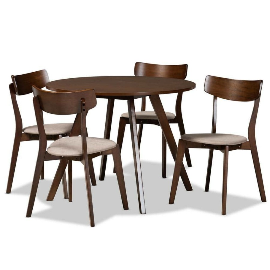 Living Room Furniture * | Rika 5-Piece Light Beige And Walnut Dining Set By Baxton Studio