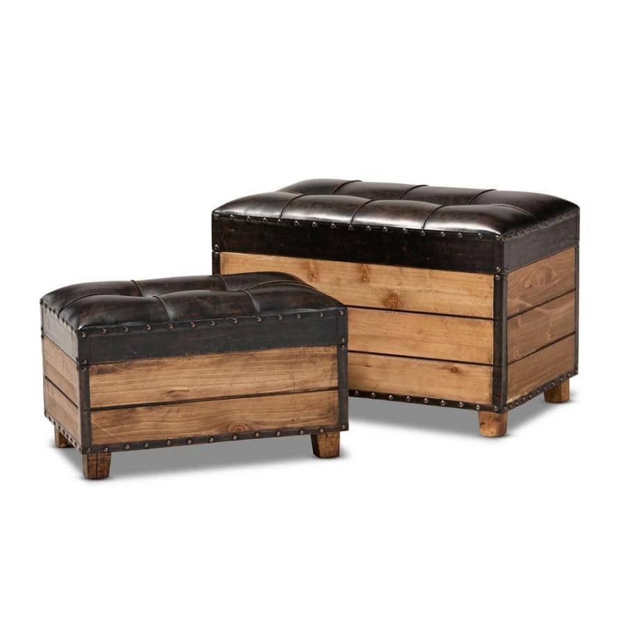 Living Room Furniture * | Marelli Dark Brown And Golden Oak Storage Ottoman Set By Baxton Studio